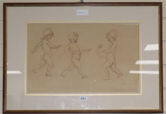 English School, pen and ink, sketch of three putti, indistinctly signed, 29 x 47cm.